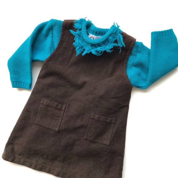 NWT Italian Brown Jumper Dress Blue Fringe Chunky Sweater Set Girls Sz 12 Months - Picture 1 of 7